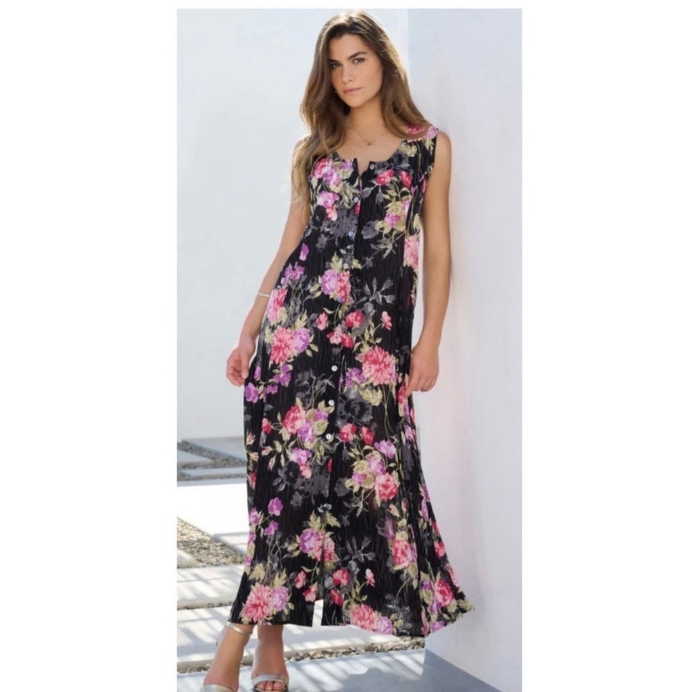 Denim 24/7‎ Button Front Floral Maxi Dress Black Women's 14/16 Rayon Sleeveless